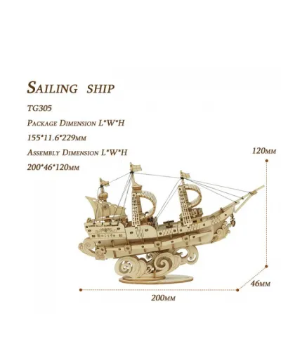Puzzle 3D , Sailing Ship, Lemn, ROKR, 118 piese