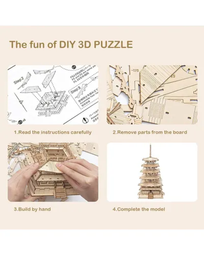 Puzzle 3D , Pagoda cu cinci etaje, Lemn, ROKR, 275 piese