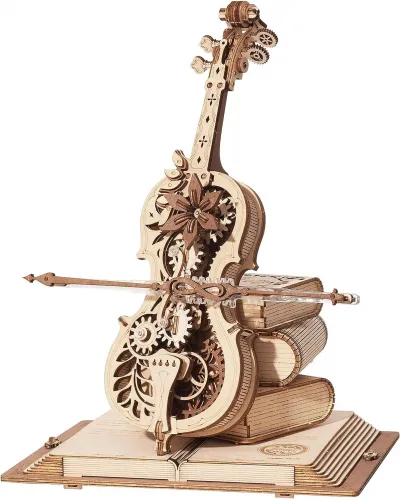 Puzzle 3D mecanic, cutiuta muzicala, Violoncel magic, ROKR, Lemn, 199 piese